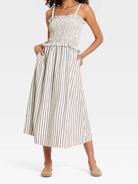 Dresses & Skirts - Striped Smocked Midi Dress in White and Black